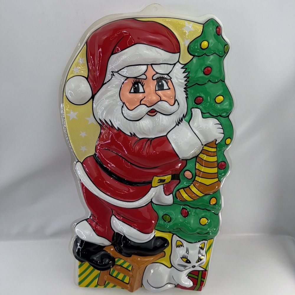 Vintage Molded Plastic 3D Christmas Wall Window Door Decoration Santa Cat 21"